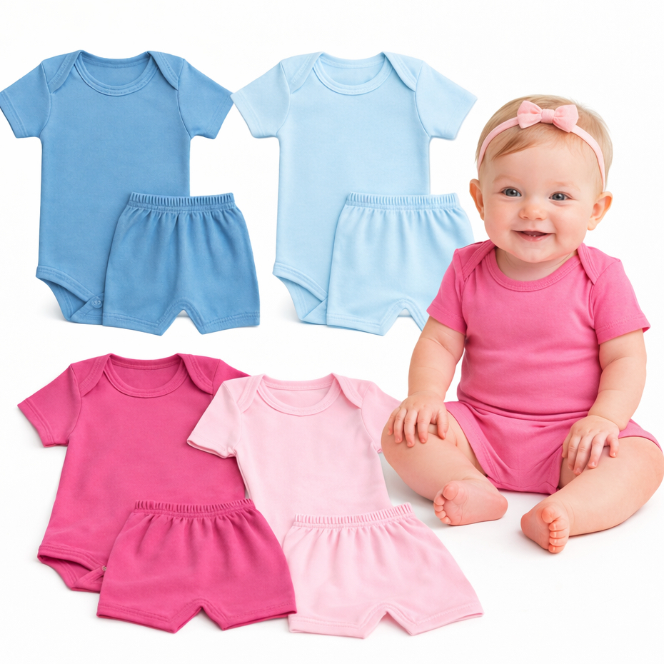 kit 8 peças Body + Shortinhos Menina e Menino canelado Ribana bebe infantil tapa fralda P ao G em Oferta na Shopee