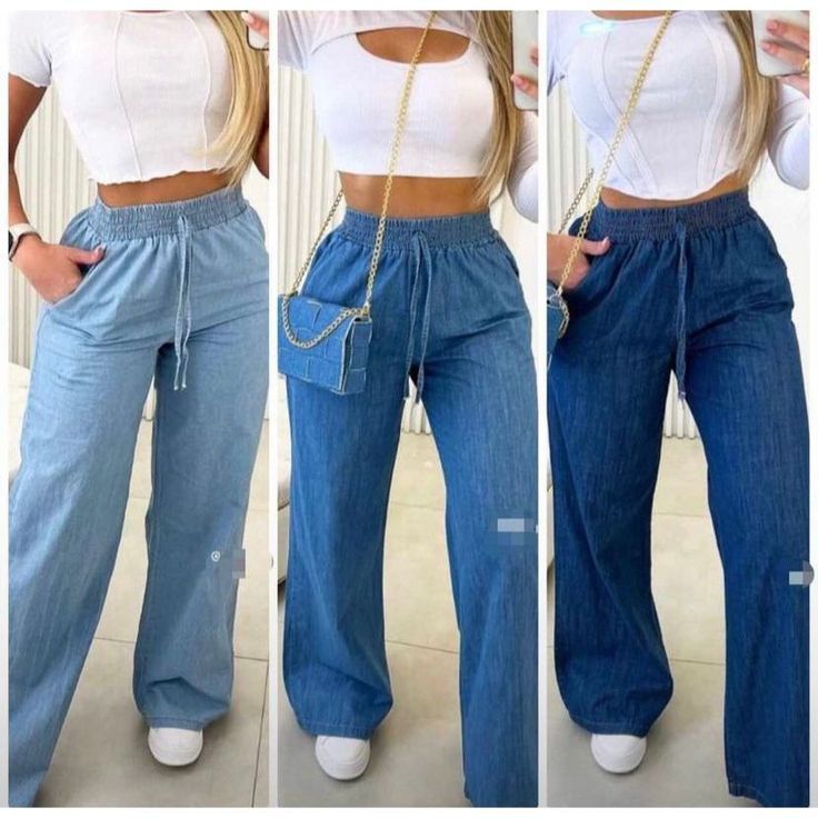 Calça Jeans Feminina Wide Leg Cintura Alta com Elástico no Cós Pantalona 100% Algodão Tecido Leve