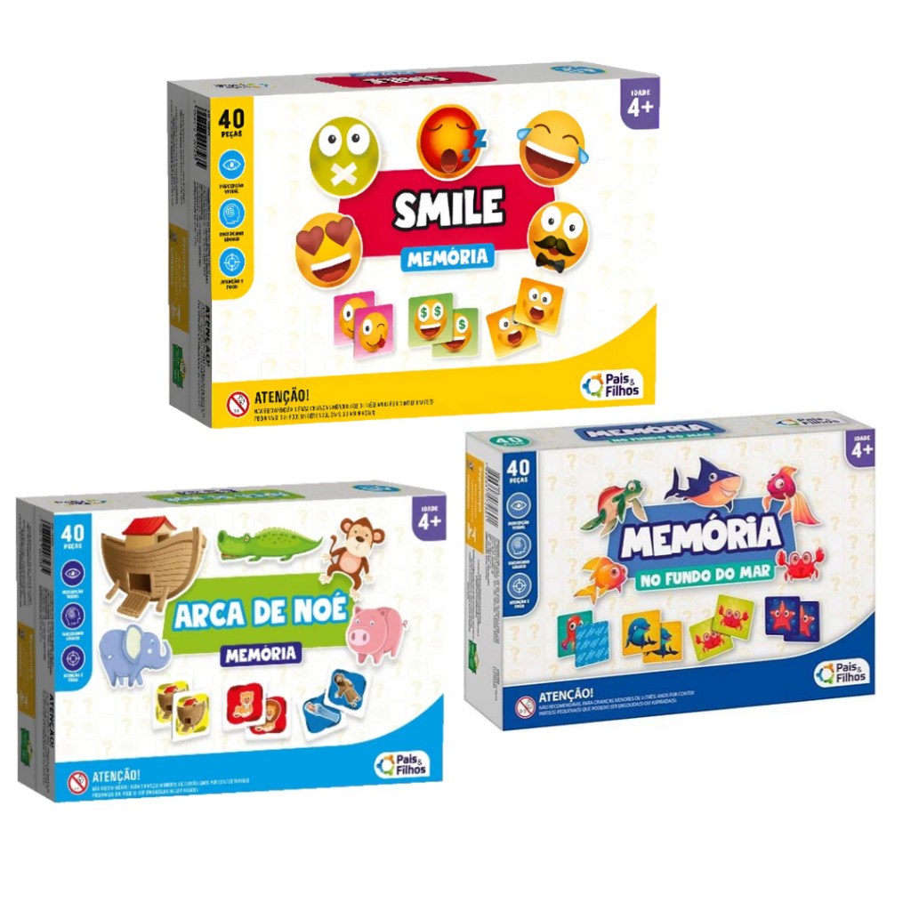 Jogo Da Memória Smile Emoticons Emoji Fundo do Mar e Arca de Noé Educativo 40 Peças