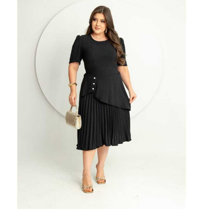 Vestido Feminino Social Estilosa Plissado Midi em Oferta na Shopee