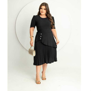 Vestido Feminino Social Estilosa Plissado Midi em Oferta na Shopee
