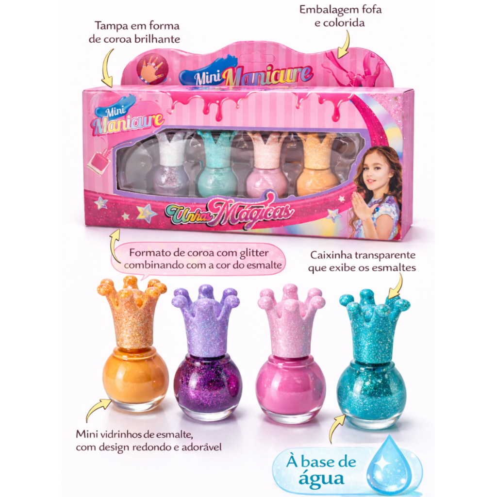 Detalhes do Kit Esmalte Infantil Menina 4 Unidades à Base d’Água, Não Tóxico, Lavável, Cores Princesa, Presente Criança