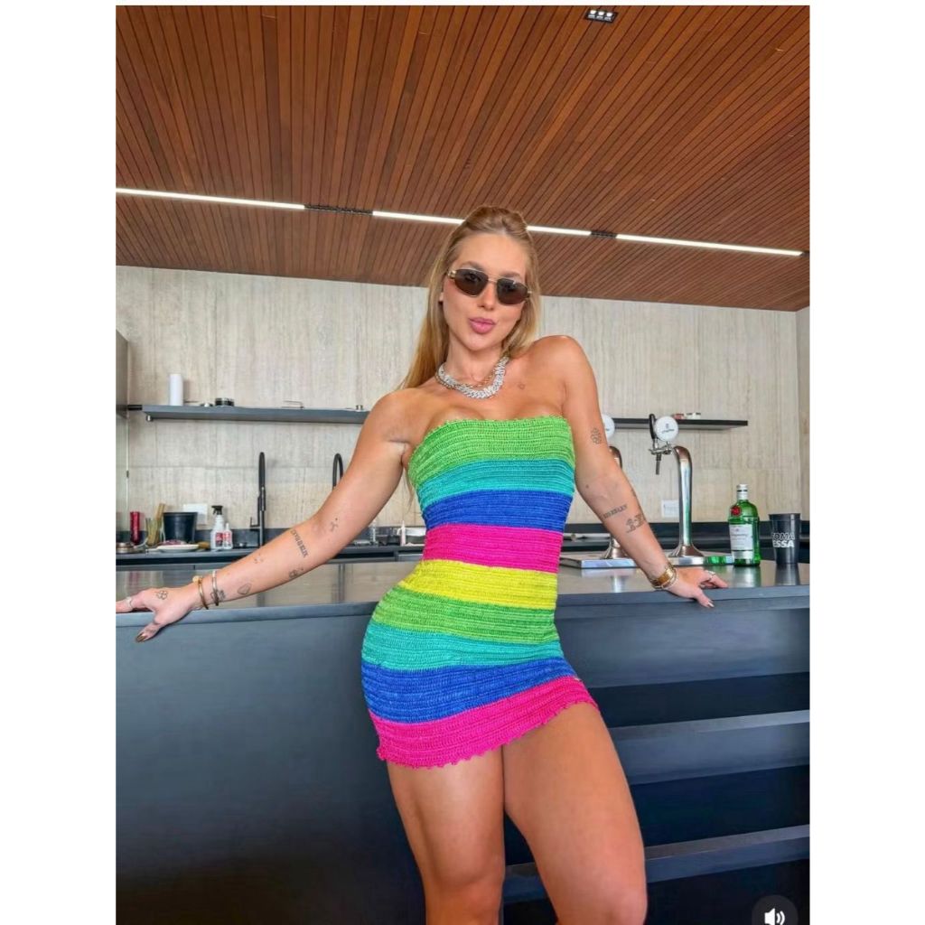 Vestido Feminino Virginia Tricot Tomara que Caia Colorido Moda Praia Tendencia Carnval Tricô Verão em Oferta na Shopee