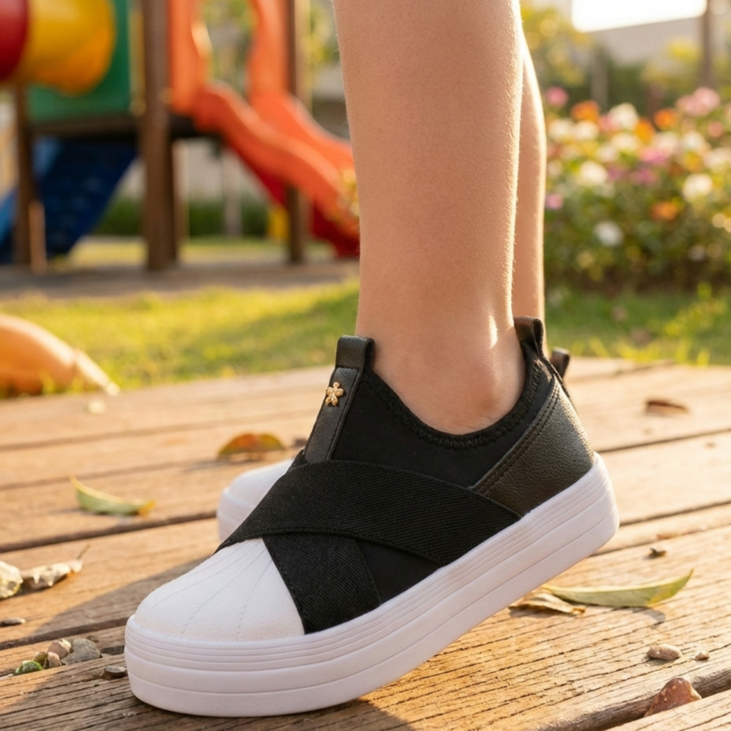 Tênis Infantil Slip On Menina Fashion Elástico Preto Rosa em Oferta na Shopee