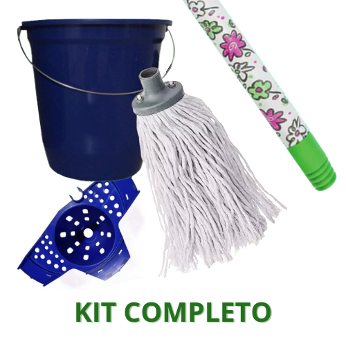 Kit Mop Completo – Balde + Cabo + Espremedor + Refil MOP Algodão Rosca Universal