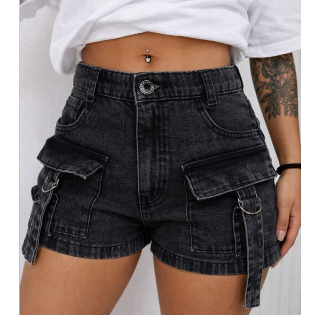 Shorts Jeans Cargo Bolsos Feminino Grafite Cinza Lançamento Moda Gringa em Oferta na Shopee