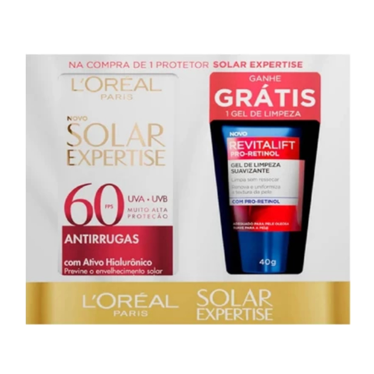 Kit L’Oréal Paris Protetor Solar Facial FPS 60 Solar Expertise 40g + Gel de Limpeza Revitalift 40g em Oferta na Shopee