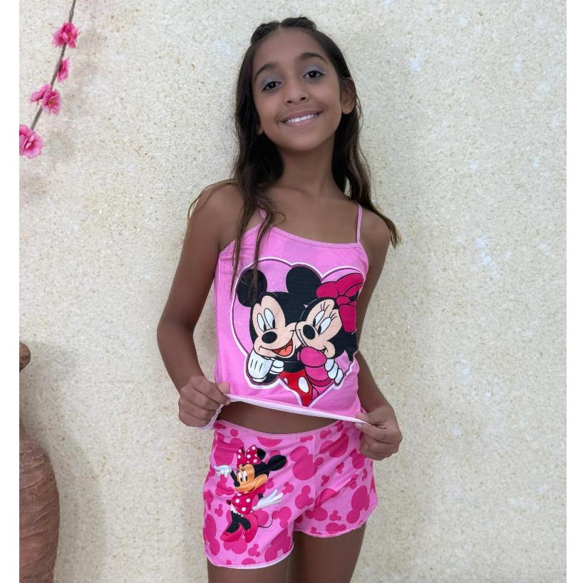 Pijama Baby Doll Regata + Shortinho Moda Infantil Menina Kids Personagem Conforto Para Dormir