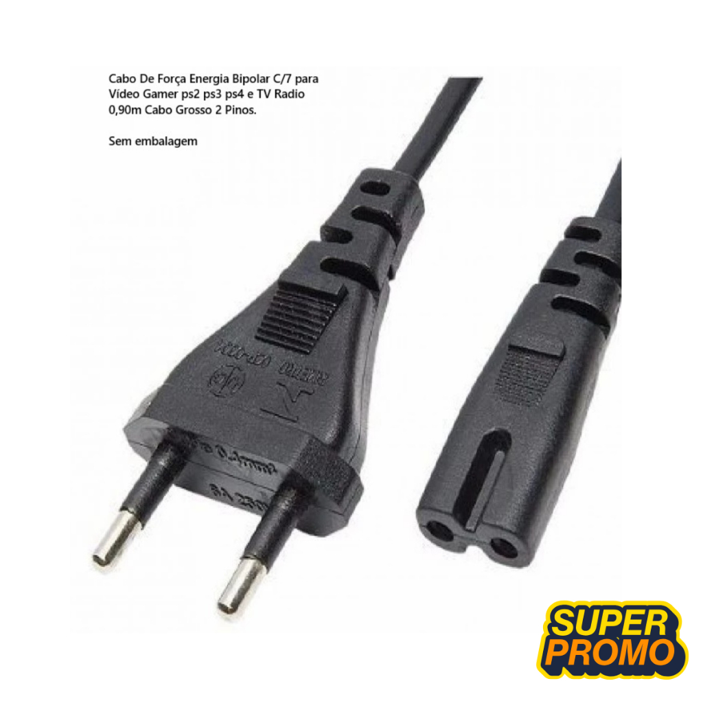 KIT Cabo De Força Energia Bipolar Tipo C7 C/1/2/3 Para Vídeo Gamer ps2 ps3 ps4  90Cm Cabo 2 Pinos 10