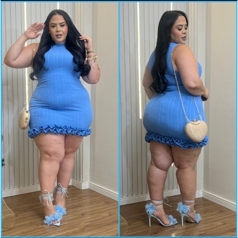 Vestido Tubinho Plus Size Malha Rugão (Canelado) Babado Duplo 44 a 54 Elegante Casual