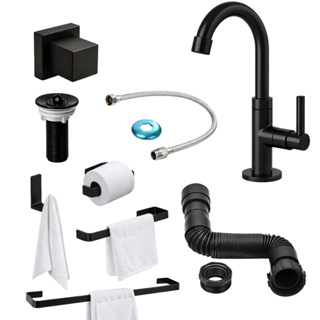 Kit Acessórios Banheiro Preto Fosco Completo com Torneira Luxo Moderna + Sifão + Válvula + Engate Flexível em Oferta na Shopee