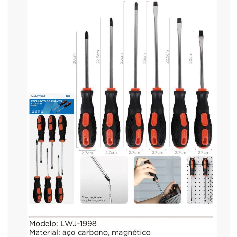 Jogo De Chaves De Fenda E Philips Com 6 Peças em Aço - Cabo emborrachado e pontas imantadas em Oferta na Shopee