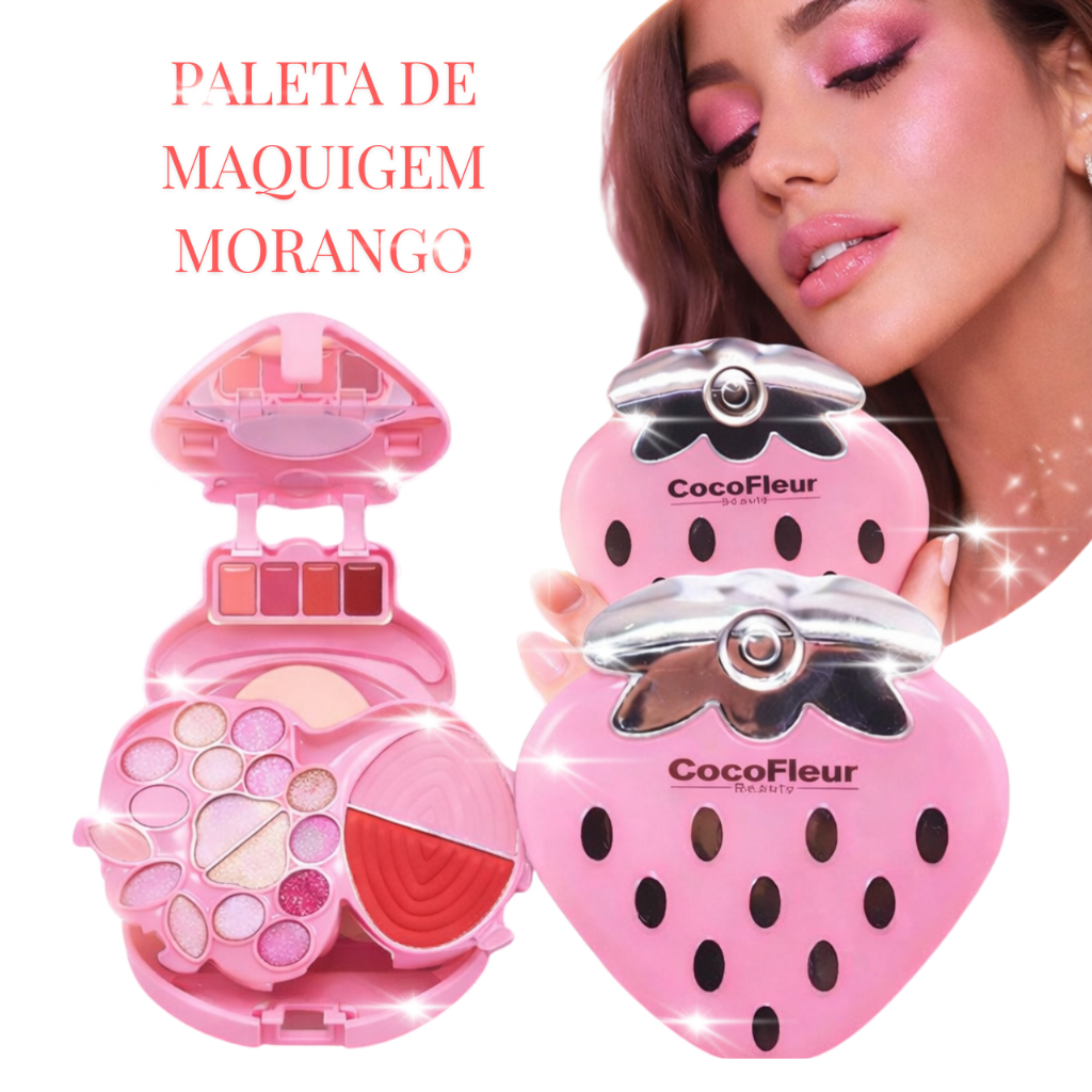 CocoFleur Paleta de Maquiagem Multifuncional Morango 3 Camadas com Blush, Sombra, Iluminador, Batom, Espelho e Esponja