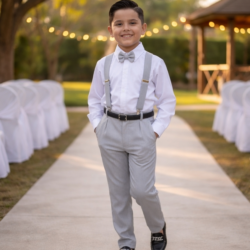 Conjunto Social Infantil Menino Cinza Claro com Camisa Gravata  Suspensório Cinto Completo