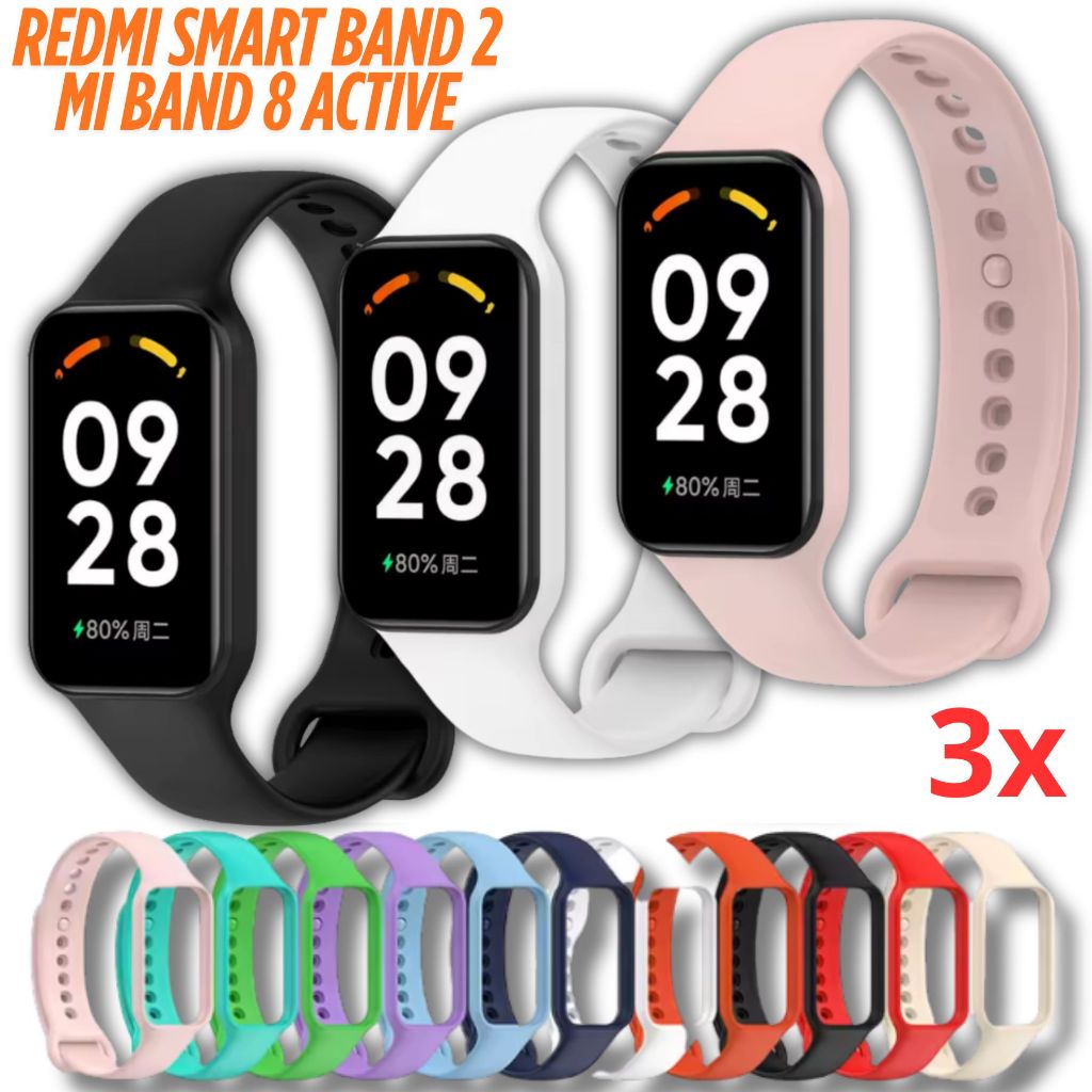 Kit 3 Pulseiras Silicone Compatível com Xiaomi Redmi Band 2 e Smart Band 8 Active