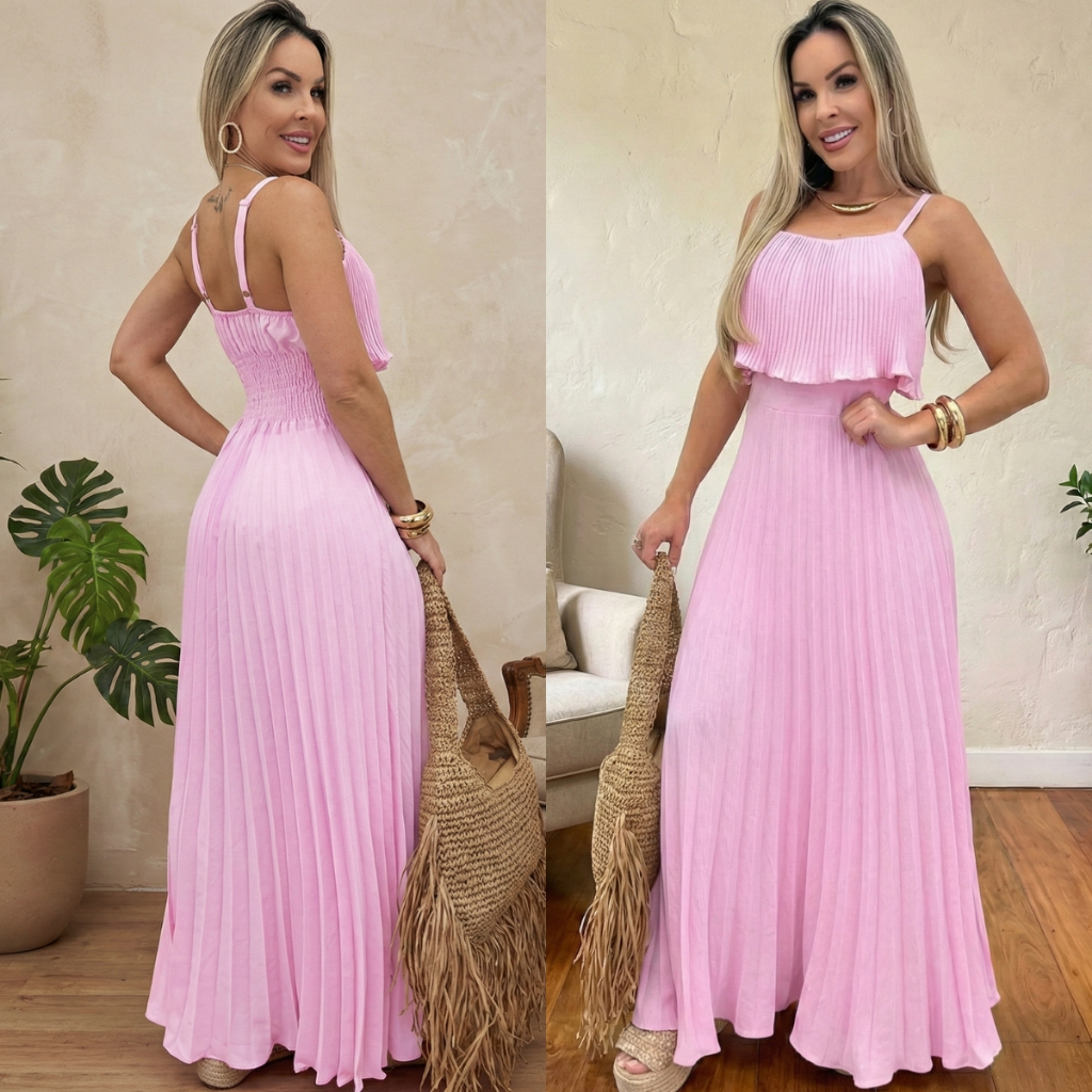 Vestido Longo Plissado Feminino Chic Elegante com Bojo e Alça Regulavel Casual Moda Para Festa Casamento Verde Azul Rosa