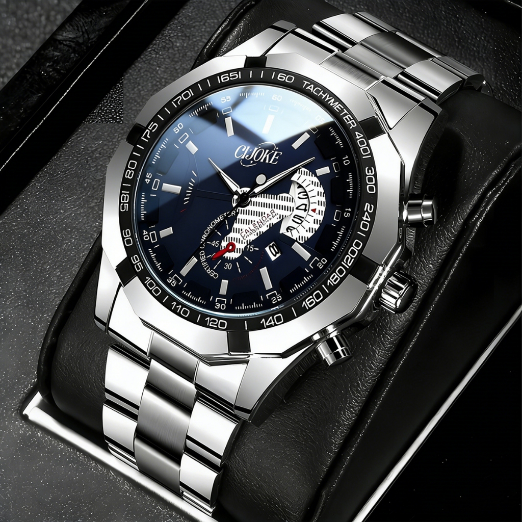 Relógio masculino  aço inoxidável, à prova d'água, mostrador luminoso, luxo e versatilidade em Oferta na Shopee