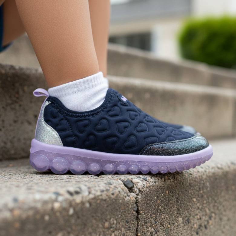 Tênis Infantil Bibi Roller 2.0 Lycra Marinho e Íris Corações Calce Fácil Tamanho 24