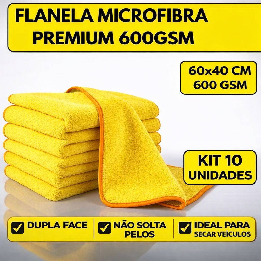 Kit 10 Flanelas Microfibra Automotiva 350GSM Alta Absorção Kit 10 Flanelas Microfibra Automotiva 350GSM Alta Absorção