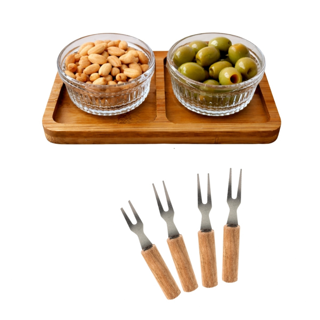Kit Petisqueira de Bambu Tábua de Frios e Frutas Ramequim e Garfo de Petisco Mesa Posta
