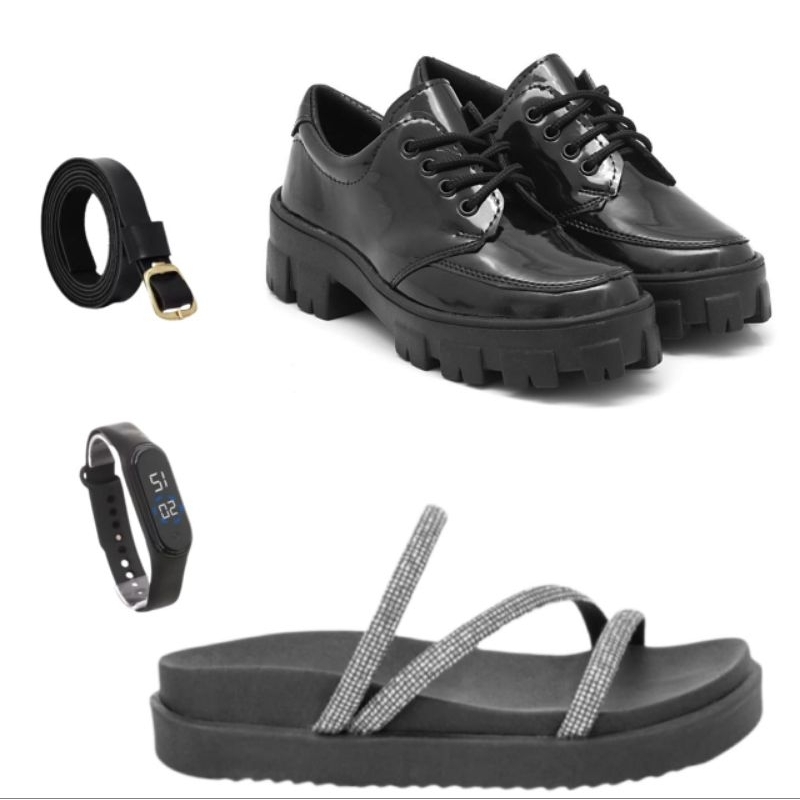 Mocassim Wandinha Preto + Cinto Preto + Relógio digital + Papete PT