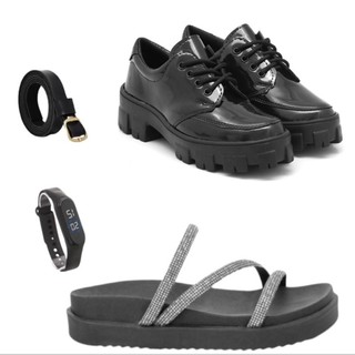 Mocassim Wandinha Preto + Cinto Preto + Relógio digital + Papete PT