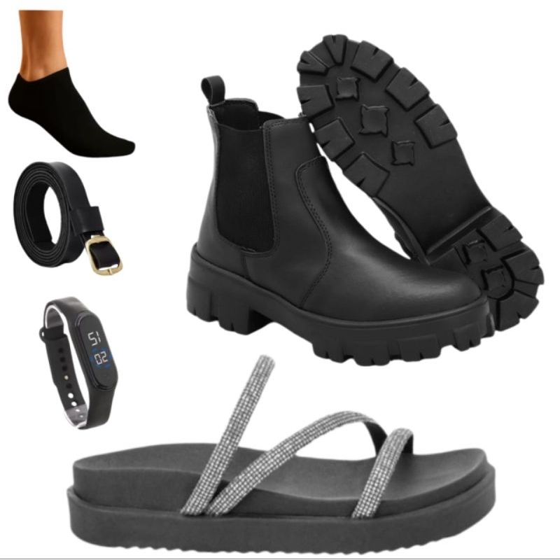 Coturno Tratorado sem Bag com Elástico PT + Relógio digital + Cinto PT + Papete PT + Brinde: 1 Par de meia