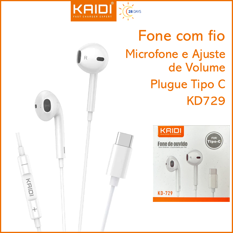 Fone de ouvido com fio auriculares paara Tipo C Microfone e Ajuste de volume KAIDI KD-729 em Oferta na Shopee