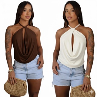 Kit 2 Blusa Feminina Multiformas Cropped Frente Unica Costas Nua Top Faixa Decote Amarrar no Pescoço em Oferta na Shopee