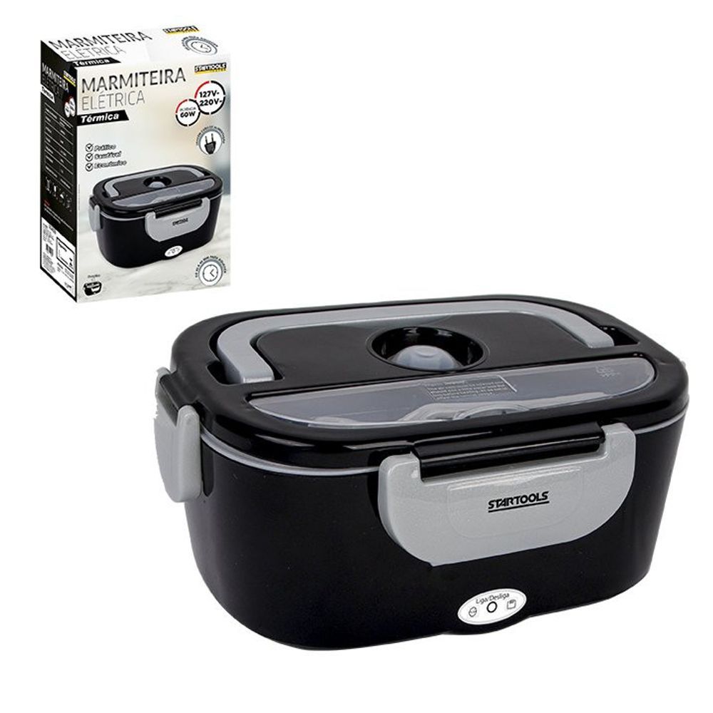 Marmita Elétrica Térmica Automática Bivolt Portátil Esquenta Comida Lancheira + Divisória - Preta