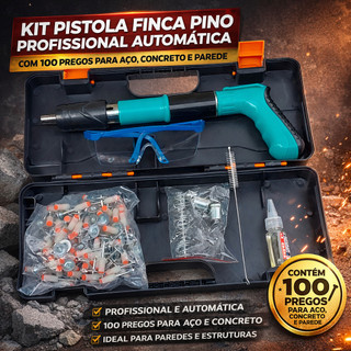 Kit Pistola Finca Pino Profissional Automática Com 100 Pregos Para Aço Concreto E Parede