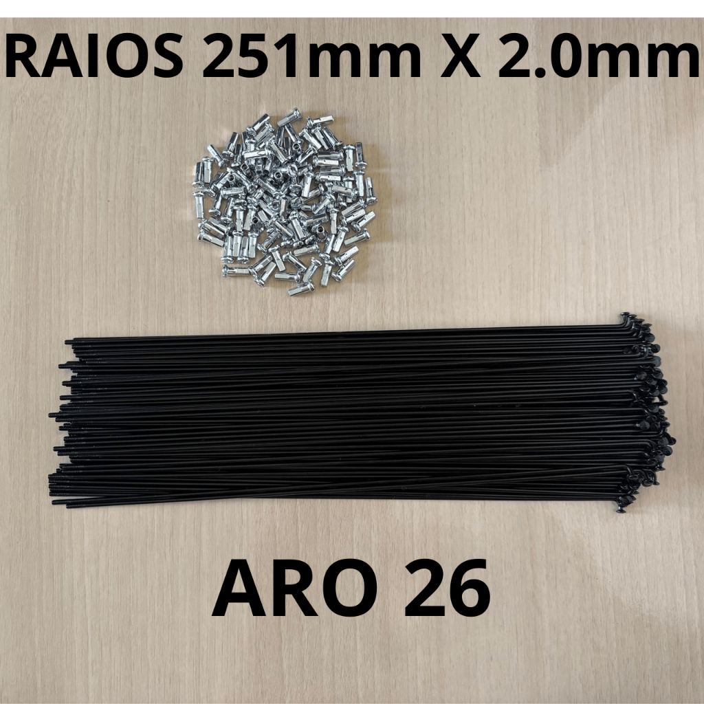 Raio Bike Aro 26 251mm x 2.0mm Fino 1 ou 2 Rodas Raiação Preta Com Niples Prata