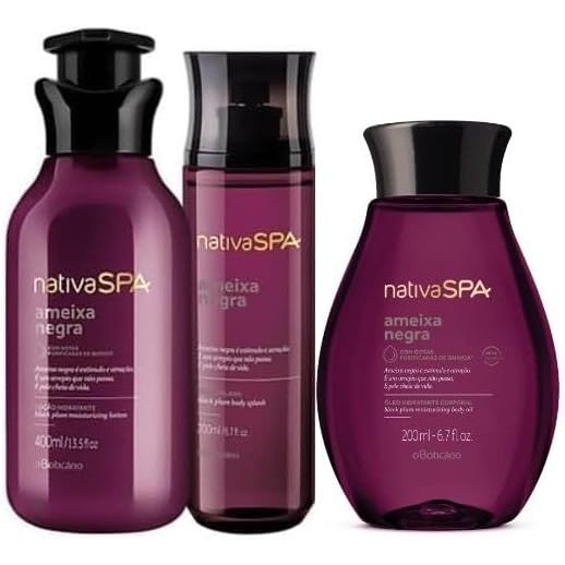 Kit combo Nativa Spa Ameixa Negra: Body Splash 200ml + Loção Hidratante Corporal 400ml + Óleo Corporal 200ml