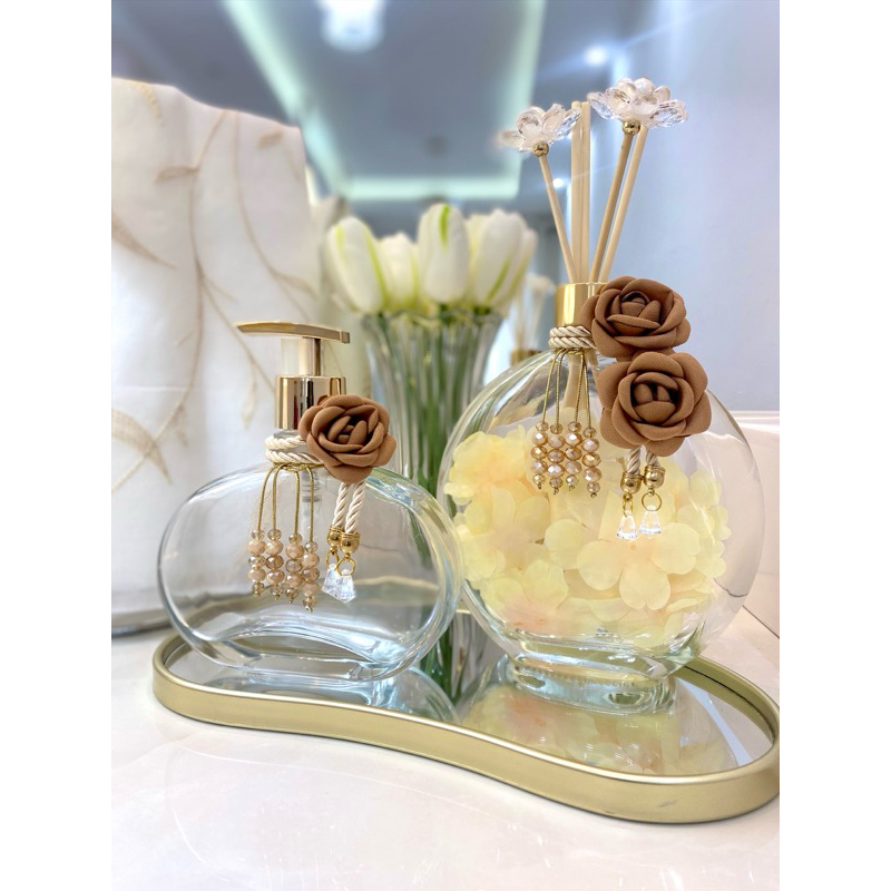 Kit Lavabo Decorativo Luxo 3 Peças com Difusor, Saboneteira e Bandeja
