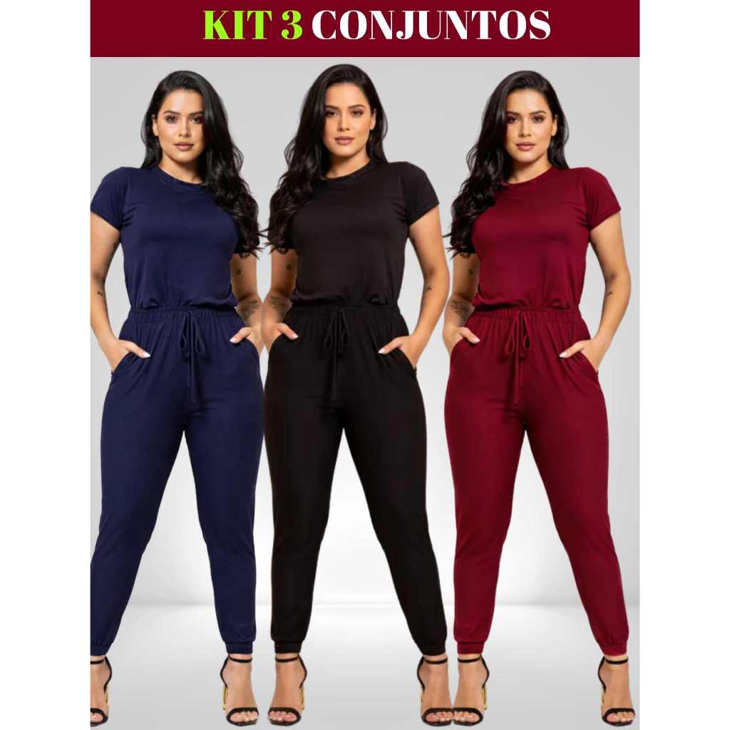 Kit 3 Conjuntos Feminino Calça Jogguer e Blusa Blusinha Feminina Manga Curta Social Trabalho Fardamento Casual Dia a Dia