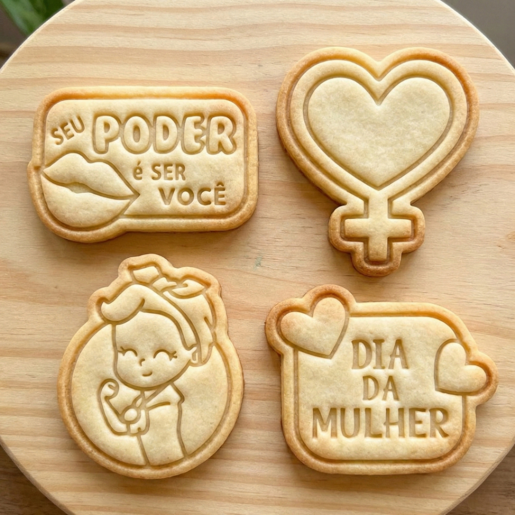 Kit 4 Cortadores e Marcadores 3D Dia das mulheres Girl Power para biscoitos cerâmica fria biscuit em Oferta na Shopee