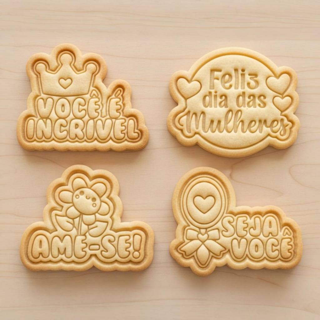 Kit 4 Cortadores e Marcadores 3D Dia das mulheres frases você é incrivel biscoitos ceramica fria biscuit em Oferta na Shopee