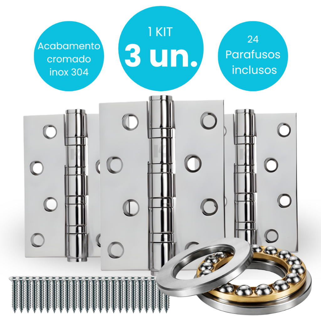 Kit 3 Dobradiças Porta 4 polegadas Com Rolamento Axial Com Parafusos Fechamento Suave Inox 304