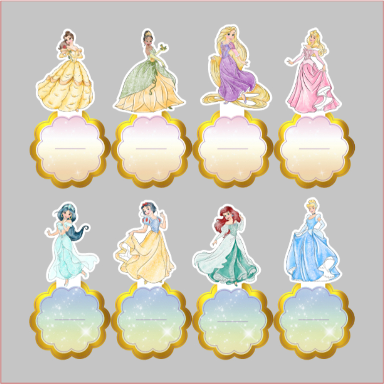 Kit Apliques 3D PRINCESAS AQUARELA base DOURADA 5cm p/ Festa Infantil – 8 Modelos Tag Lembrancinha Personalizada