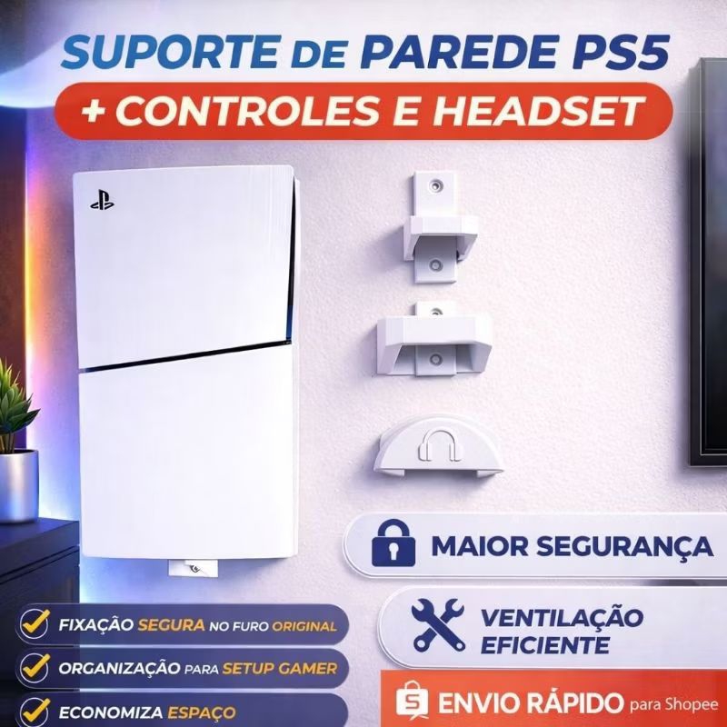 Suporte de Parede PS5 Gamer com Suporte para Controle e Headset – Organização de Setup
