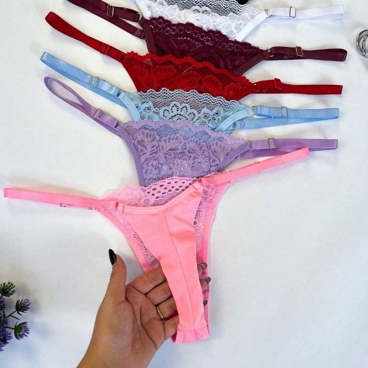 Kit 3/5/10 Calcinhas Fio Dental Microfibra Renda com Regulagem Fio Duplo Sexy Tanga Sensual Feminina