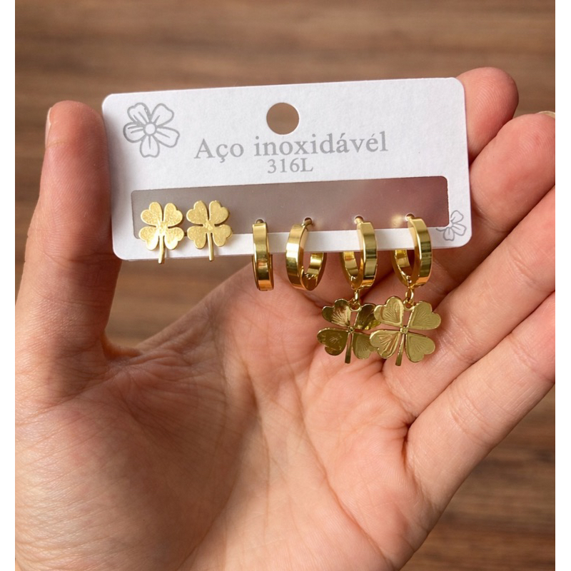 Trio Argolinhas e Brincos em Aço Inoxidável 316L