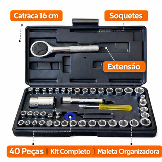 Kit Chave Catraca 40 Peças – Kit Chave Soquete e Acessórios – Ferramenta Manual
