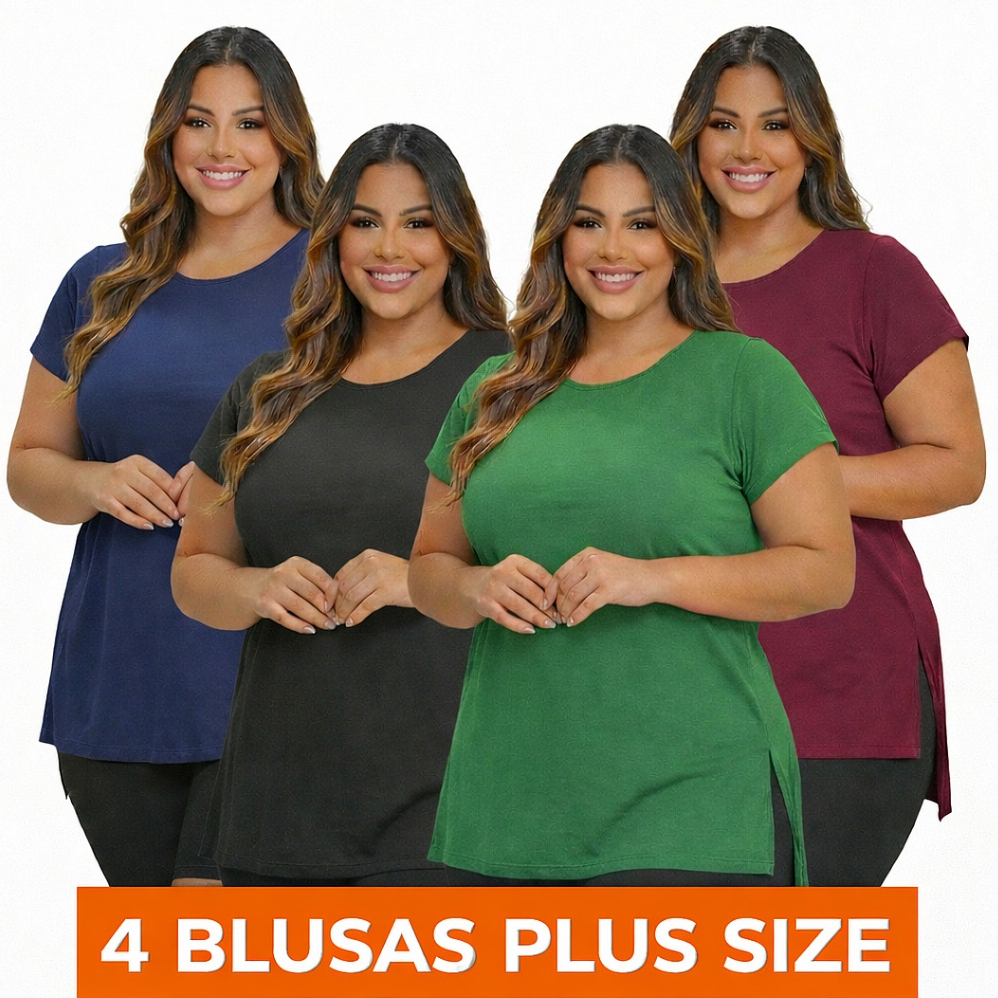 4 Blusas Plus Size Feminina Manga Curta Basica Casual Lisa Cobre Leg Academia Exercicios Tapa Bumbum