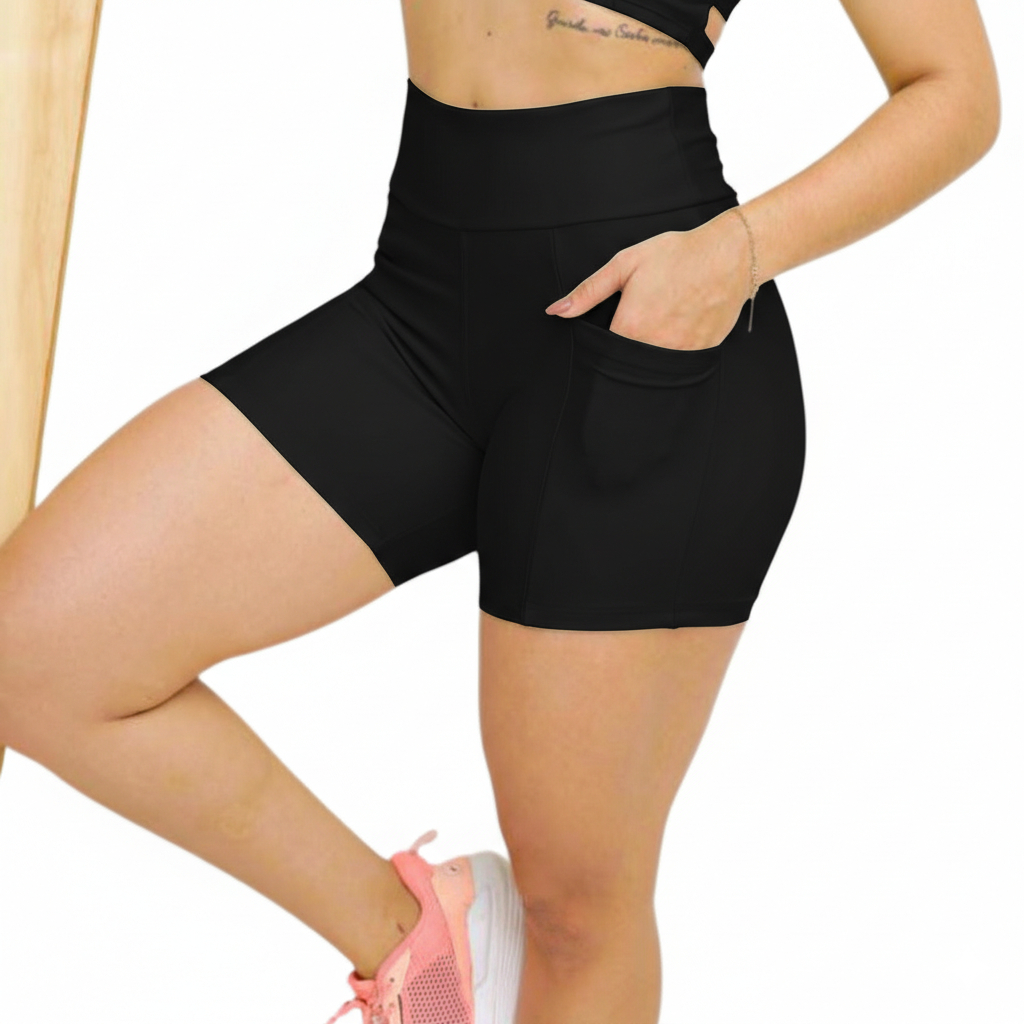 Short Feminino De Academia Com Bolso Short Meia Coxa Treino Roupa de Caminhada Corrida Bolso Celular