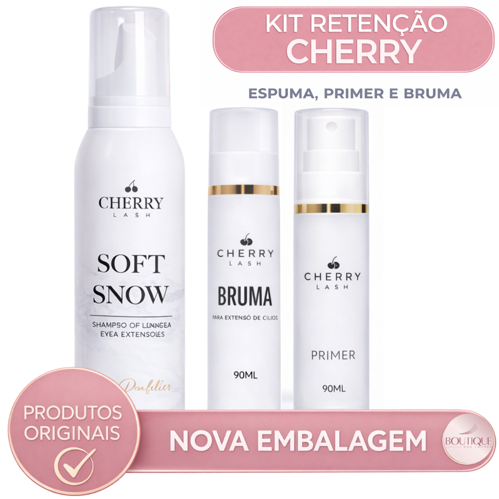 Kit Retenção para Extensão de Cílios Cherry Lash - Espuma de Limpeza, Primer Desengordurante e Bruma