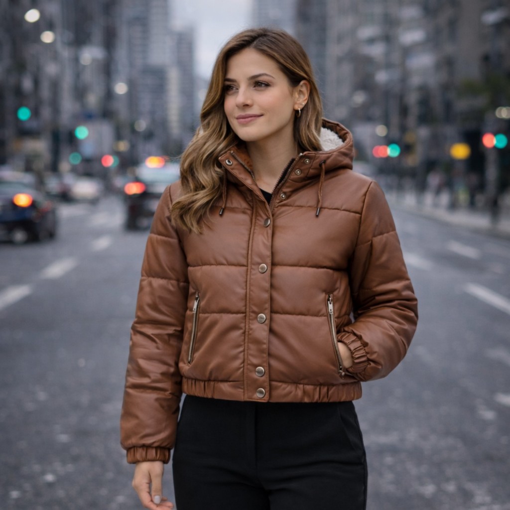 Jaqueta de Couro Feminina Puffer Bobojaco Cropped Peluciada Capuz Removivel em Oferta na Shopee