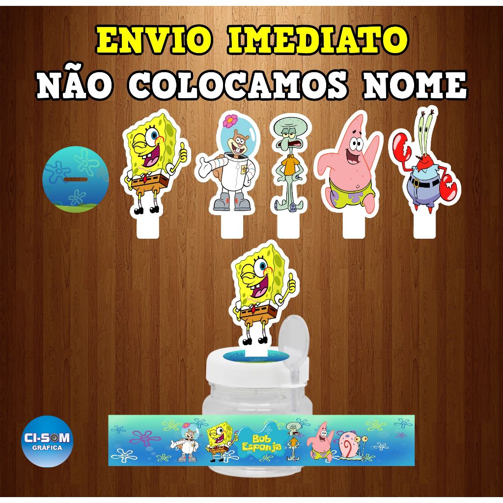 Rótulo Adesivo + aplique para potinho 40gr. (mini nutella) Bob Esponja