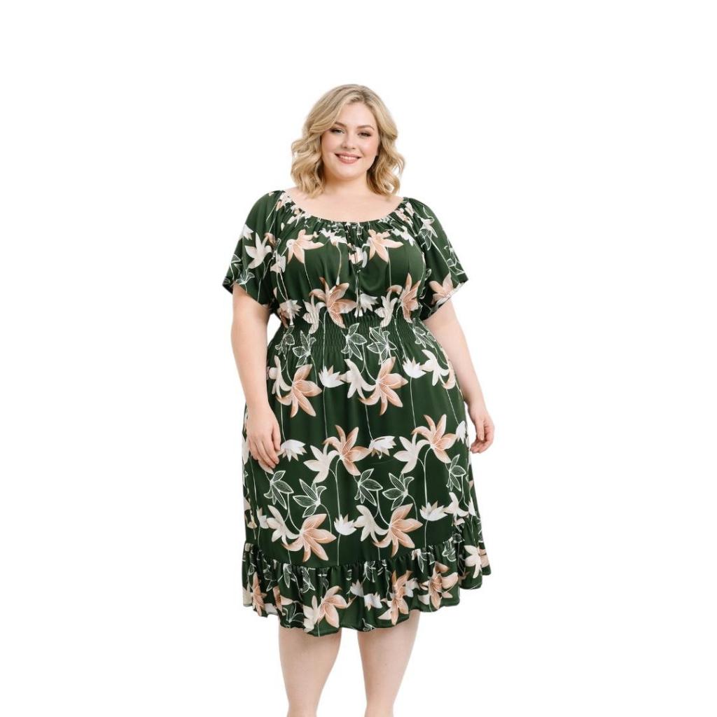 Vestido Midi Floral Plus Size Romantic Verde — Tecido Frio que Não Amassa, — Tamanhos do M ao G3 em Oferta na Shopee