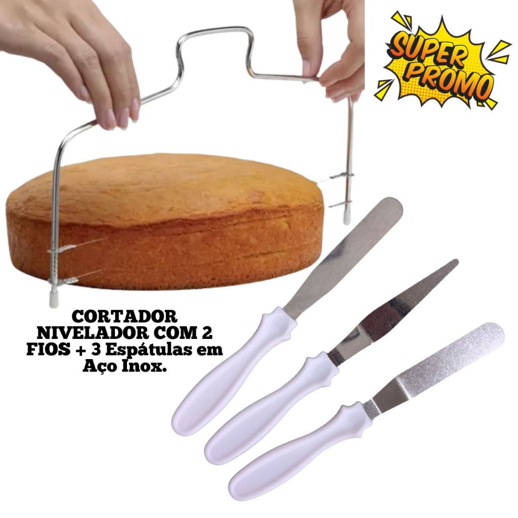 Kit Cortador Nivelador E 3 Espátulas Para Confeitar e Fatiar Inox Bolos Alta Qualidade em Oferta na Shopee